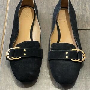 Tory Burch Women's Black Suede Loafers with Gold Buckle